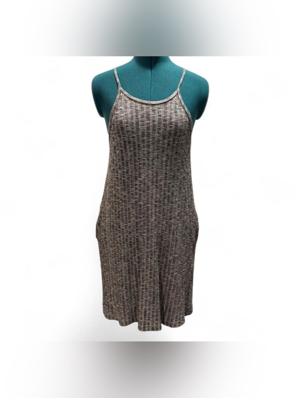 Lush Taupe Ribbed Knit Spaghetti Strap Mini Dress